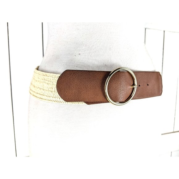 Wide tan/light brown stretch canvas vegan leather elastic belt - Picture 3 of 4